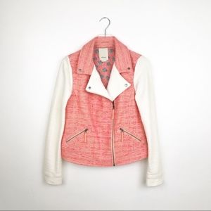 ANTHROPOLOGIE Pink White Tweed Moto Jacket 12
